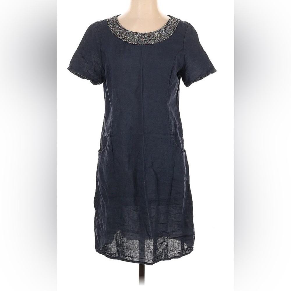 NWT Lina Tomei Linen Navy Mini Dress with Beaded Neckline size small
